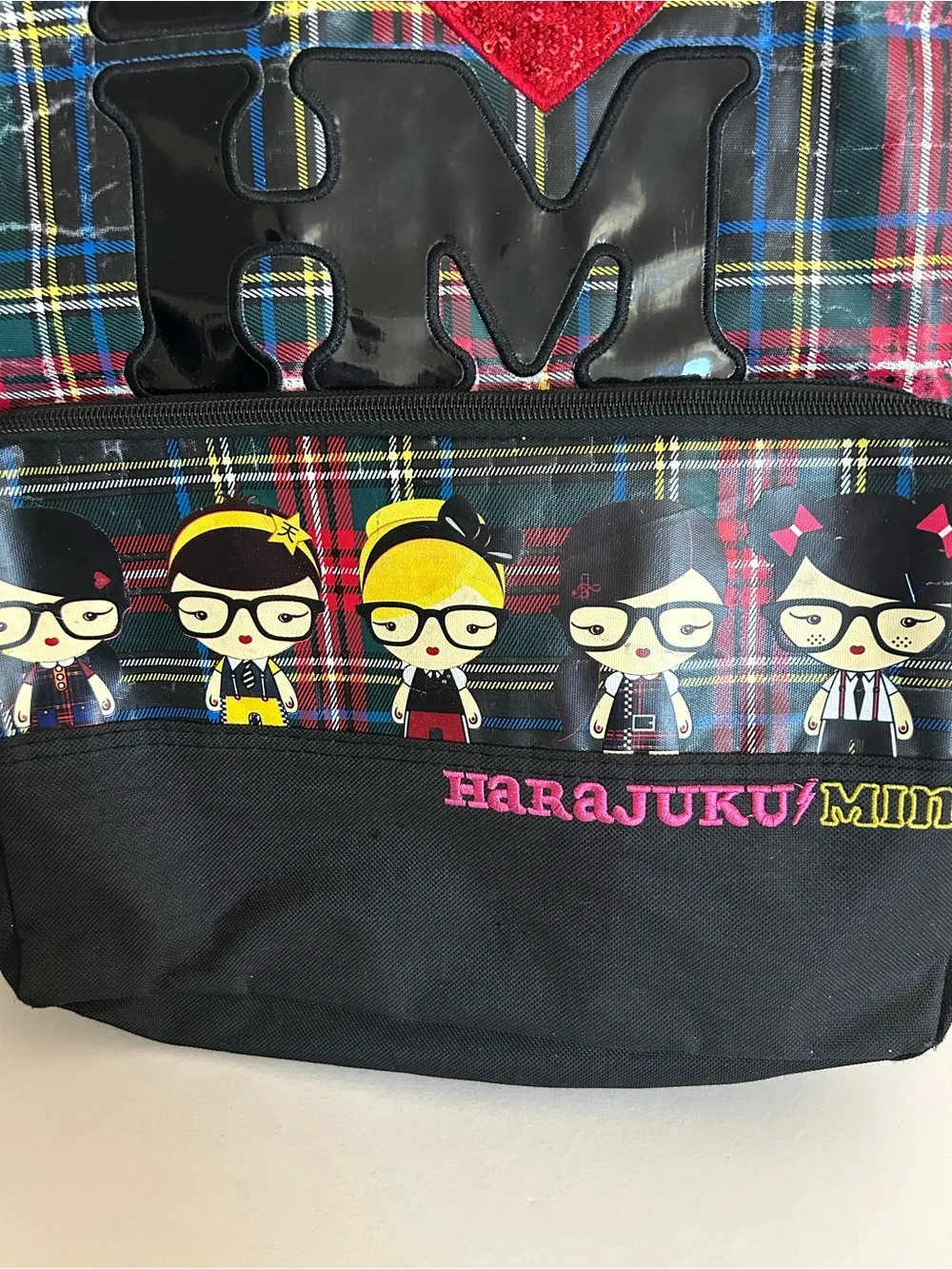 Harajuku Mini Plaid Backpack with Red Sequin Heart